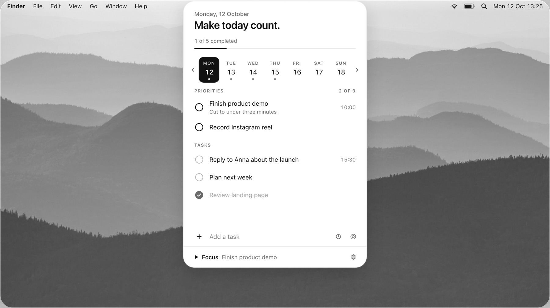 The Tidy Day panel open under the island, on a Mac desktop.