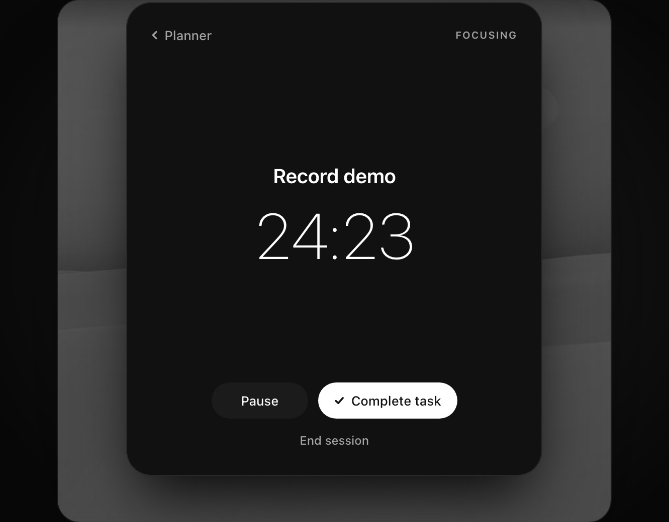 Tidy Day's focus panel with one task and a running timer.